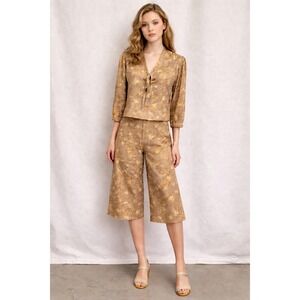 Vintage Floral Tie Neck Blouse & Wide Leg Capri Culotte Pant Set Size Large-4